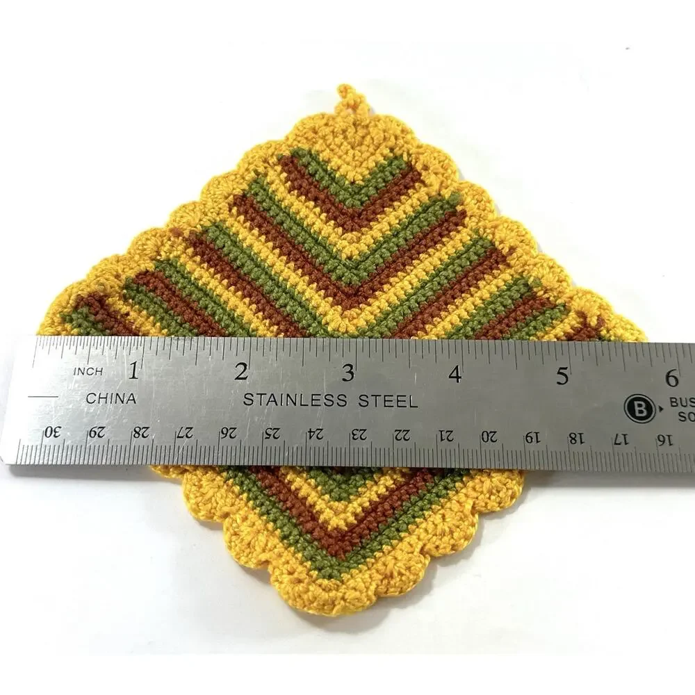 Vintage Hand Crocheted Potholder Set Round Square Yellow Green Brown Cotton 2 Pc